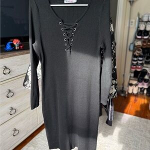 JustFab Black Lace-Up Long Sleeve Dress